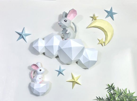 Download Mouse on Cloud Stars 3d Paper Scene - 3d paper Collection