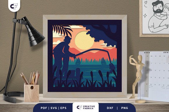 Download Dad Fishing with Daughter 3D Paper Cut - 3d paper Collection