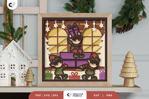 Download Elves Packing Christmas Gift 3D Papercut - 3d paper Collection